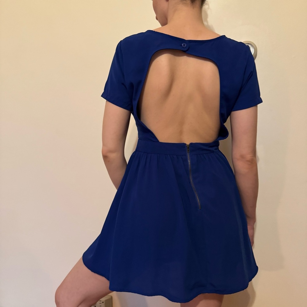 Blue backless fit and flare dress